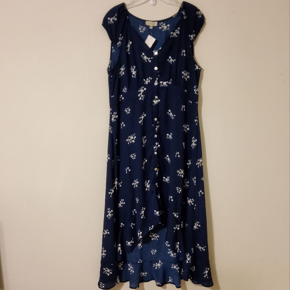Chenault Navy Floral High-Low Botton Ruffle  Dress Size L